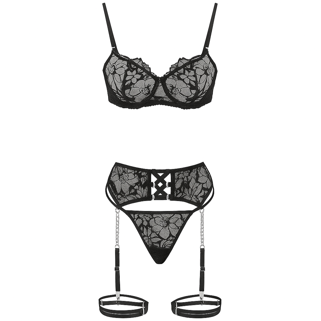 Lace Embroidery Chain Suspenders Hollow Cross Sexy Lingerie Four-Piece Set