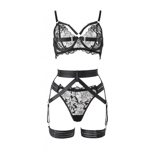 Black lace sexy splicing perspective slim fitting lingerie bra set